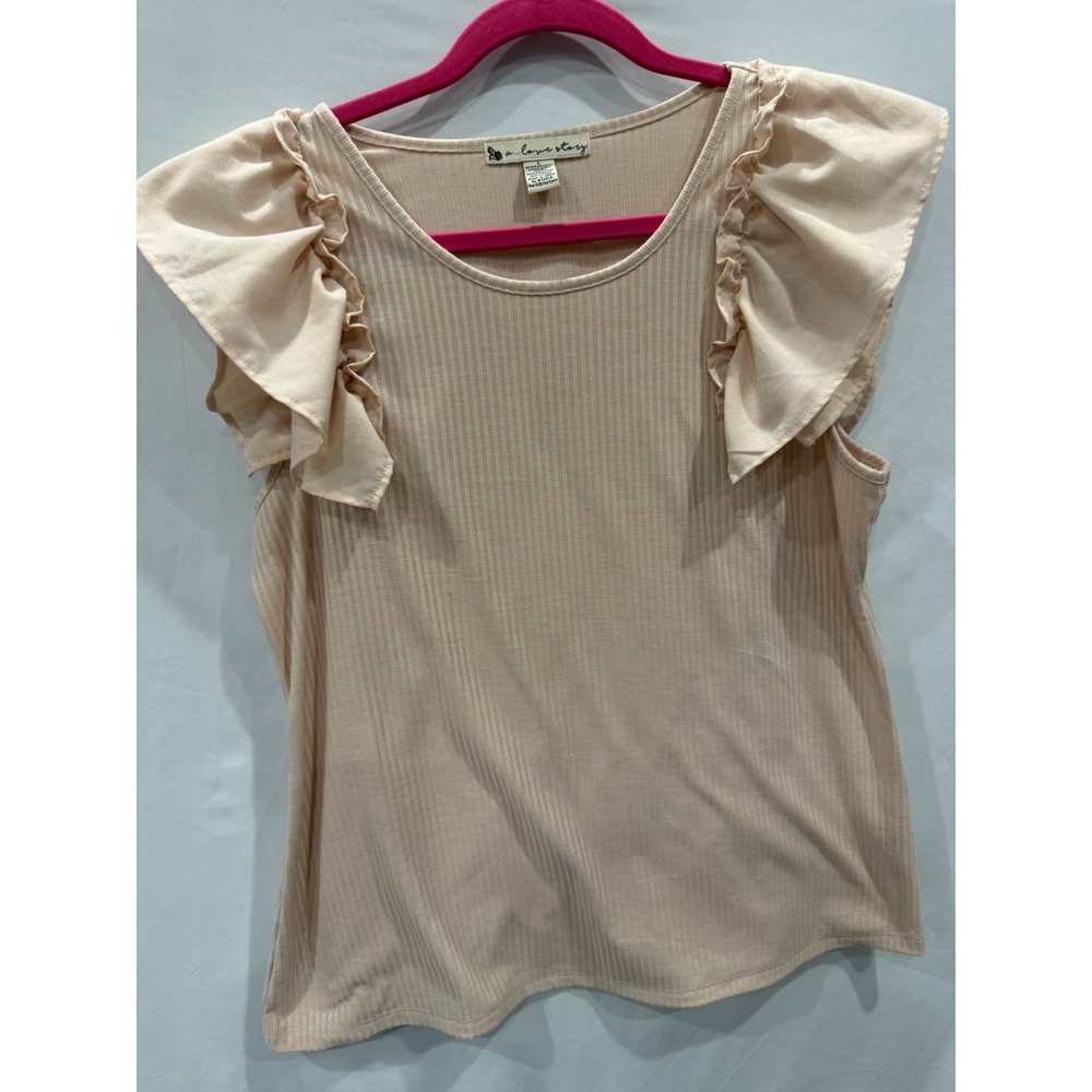 A...Love Story Women's Top Large Peach Ribbed Flutter Sleeve Blouse Casual Soft